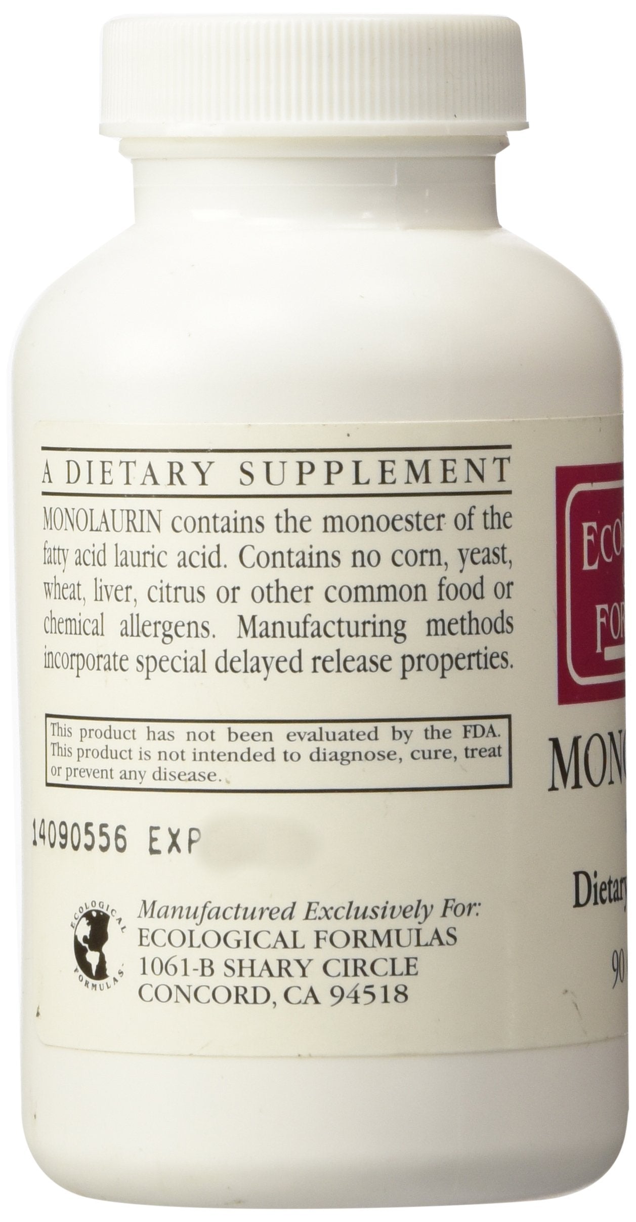 Close-up of Ecological Formulas Monolaurin label with dosage details