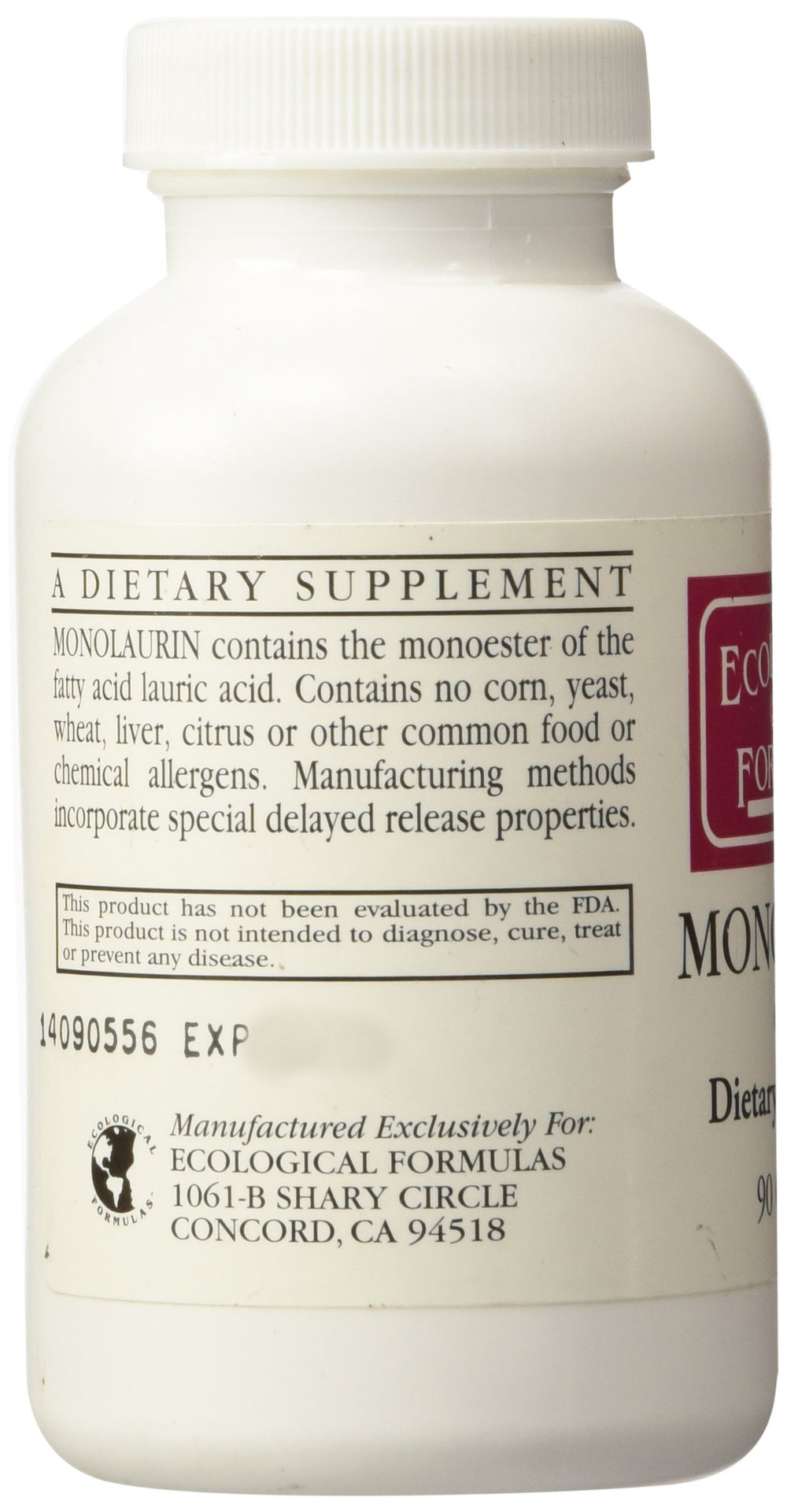 Close-up of Ecological Formulas Monolaurin label with dosage details
