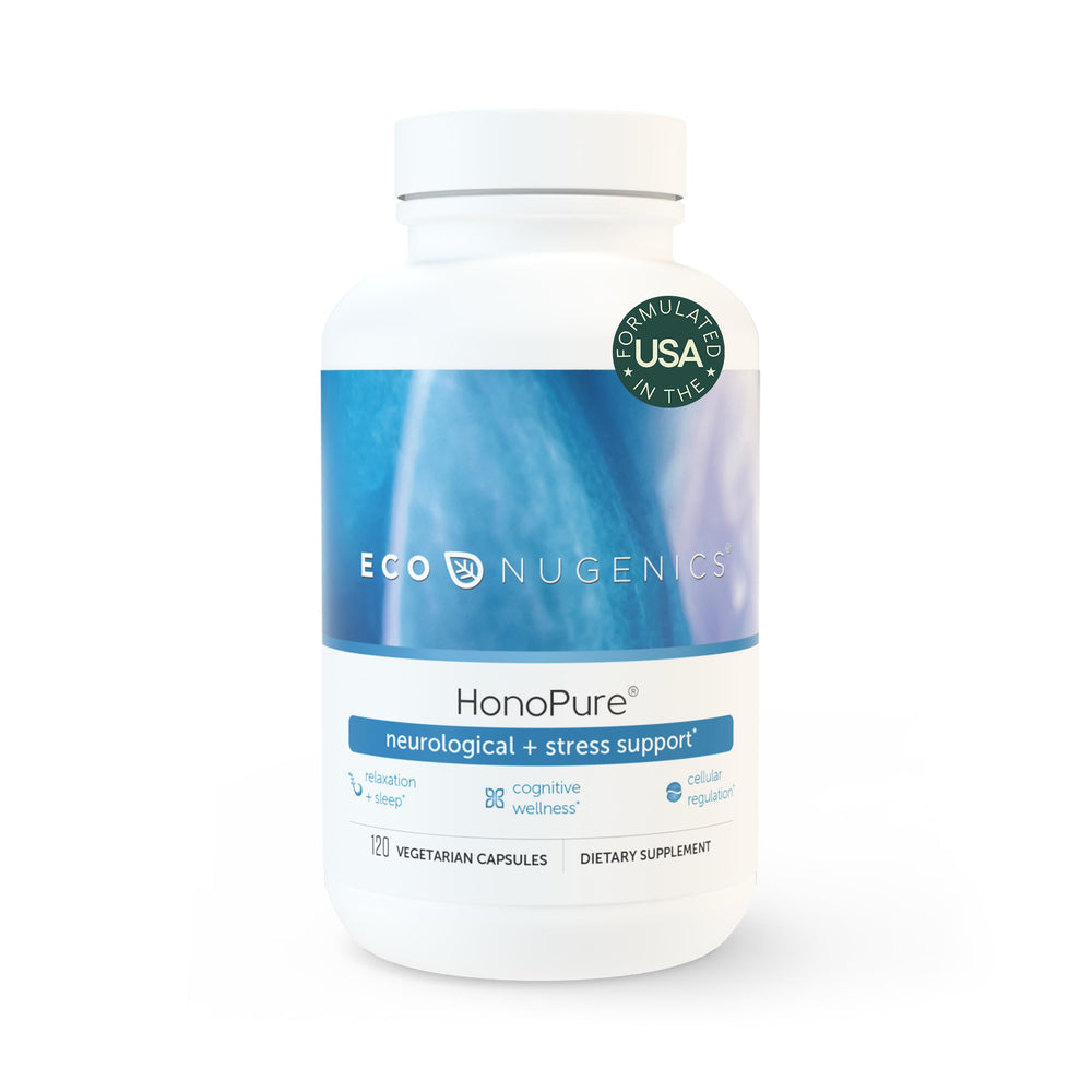 EcoNugenics HonoPure bottle front view highlighting 98% honokiol purity for cellular health
