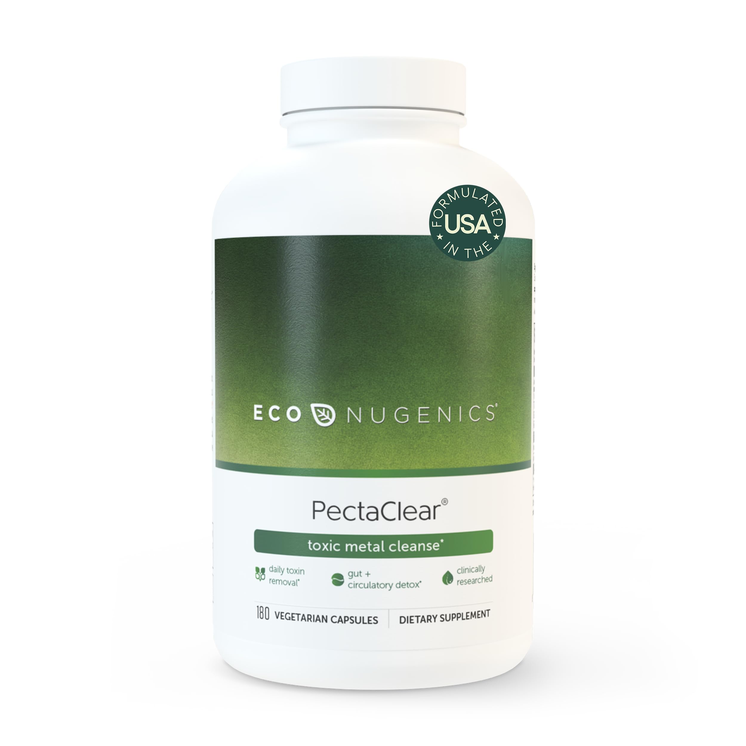 EcoNugenics PectaClear bottle front view showing vegan detox capsules for daily toxin support.