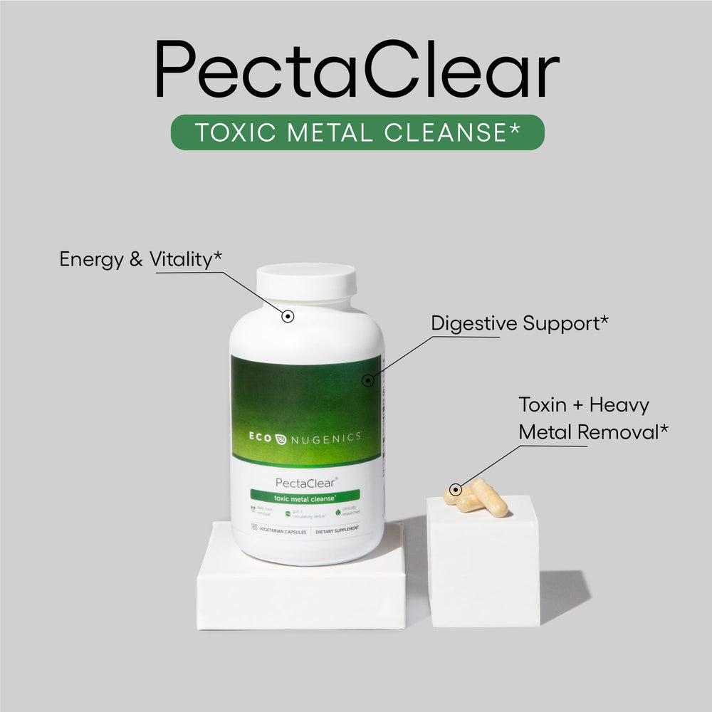 EcoNugenics PectaClear capsules close-up highlighting kelp-derived alginates for toxin binding.