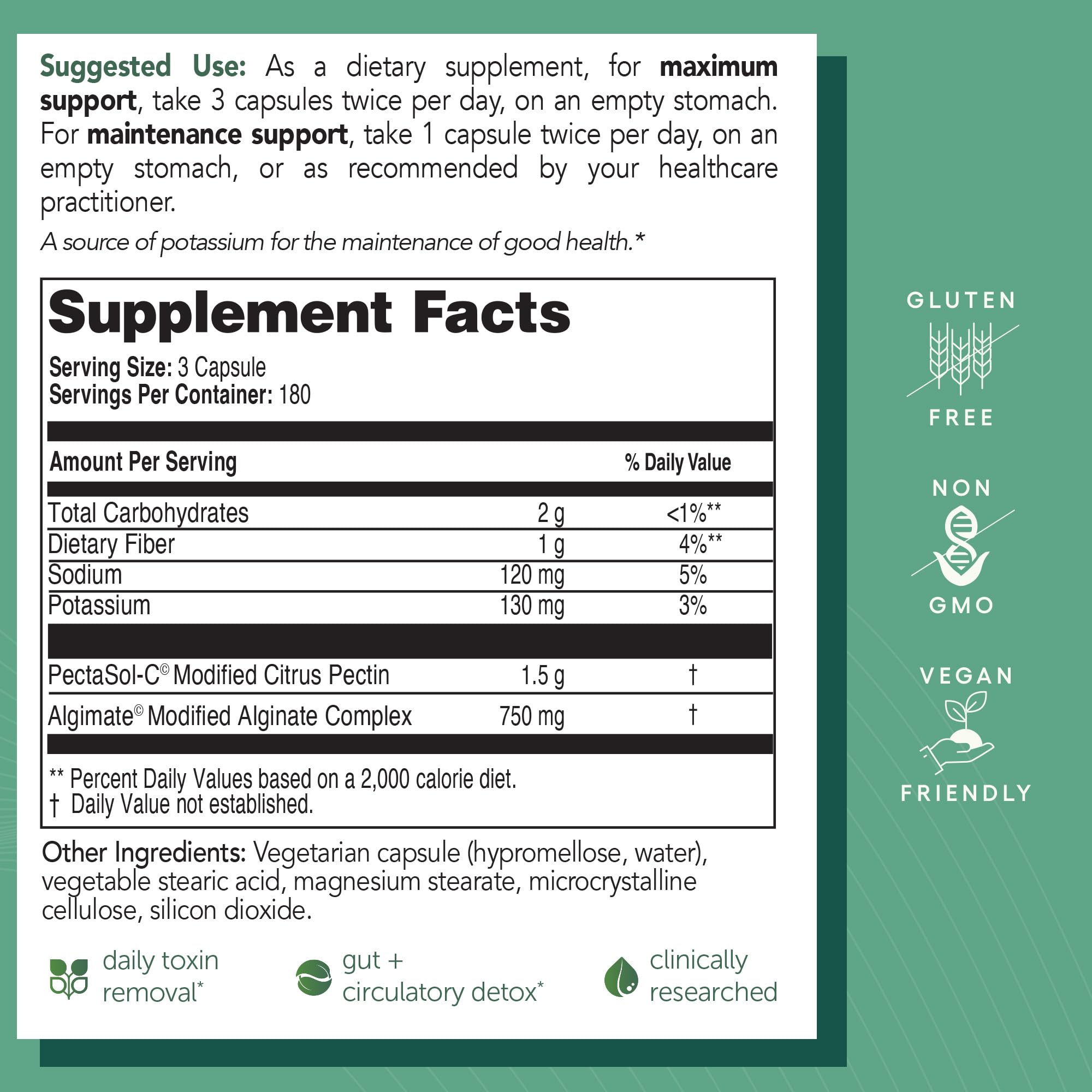 EcoNugenics PectaClear ingredients: kelp alginates and PectaSol contribute to potential toxin management.