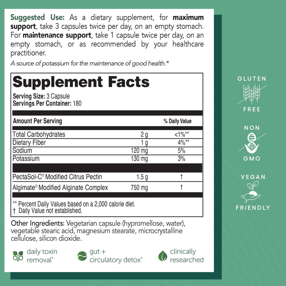 EcoNugenics PectaClear ingredients: kelp alginates and PectaSol contribute to potential toxin management.