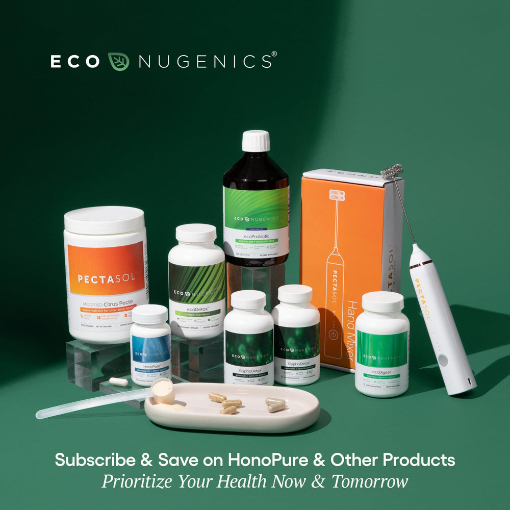 EcoNugenics PectaClear packaging in a clean kitchen setting for everyday supplement use.