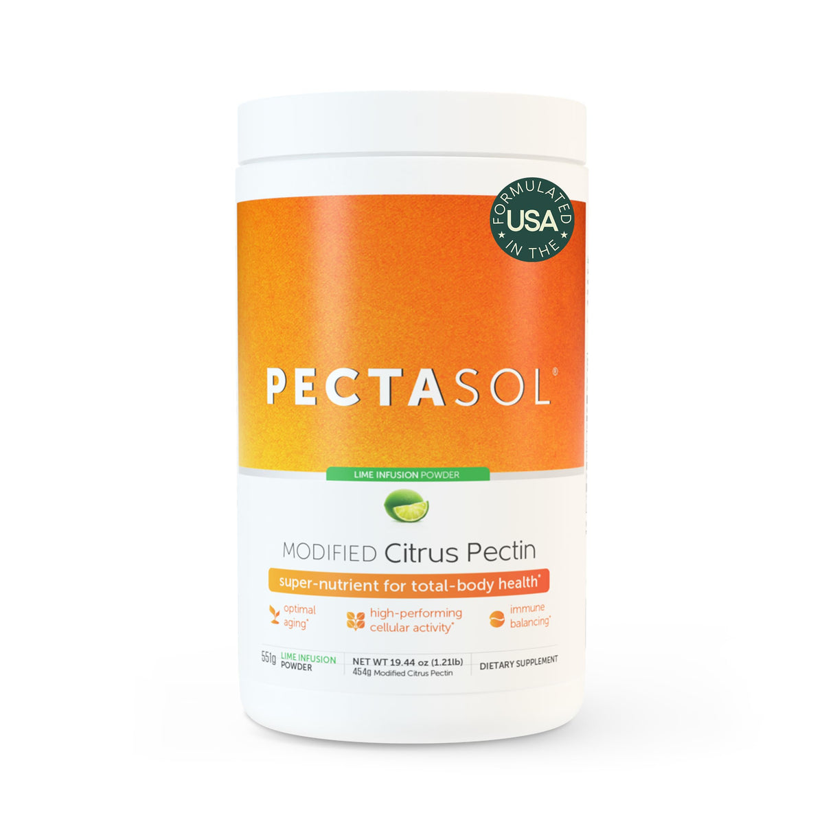 EcoNugenics PectaSol lime powder tub showing daily immune and cellular health use.
