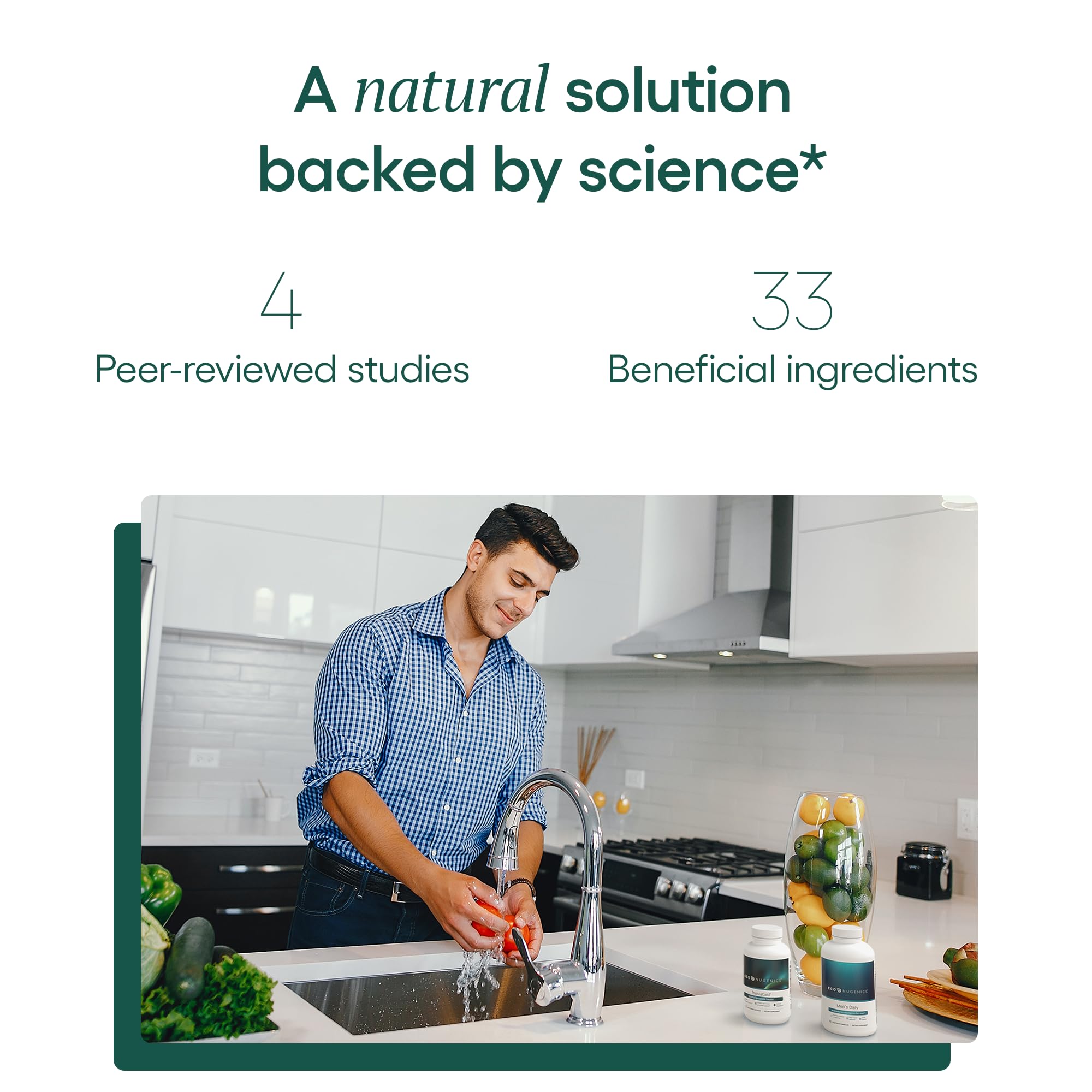 EcoNugenics ProstaCaid ingredients scene emphasizing turmeric, saw palmetto, and mushrooms