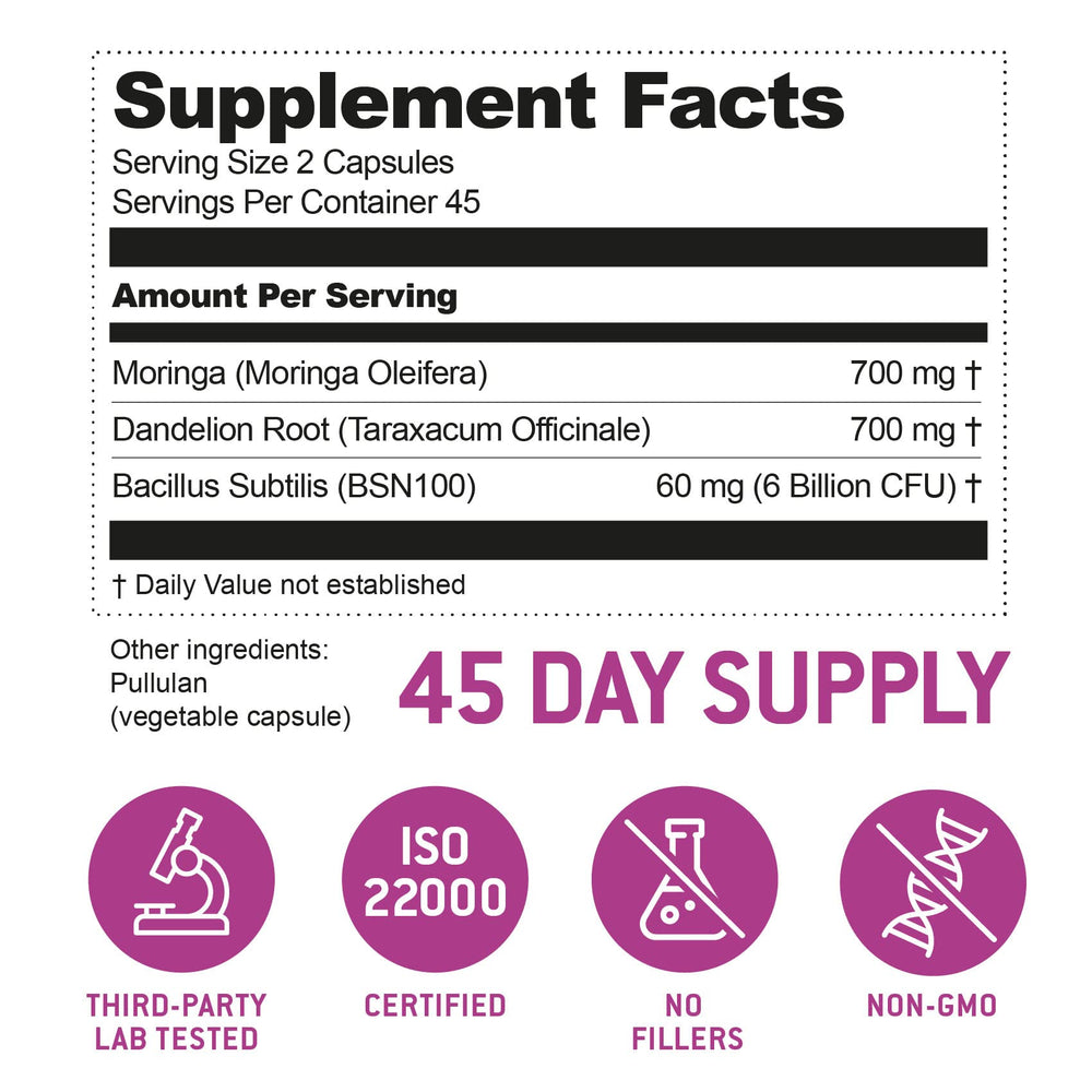 Ecosh ingredient card shows moringa and dandelion prebiotics enhancing the probiotic blend.