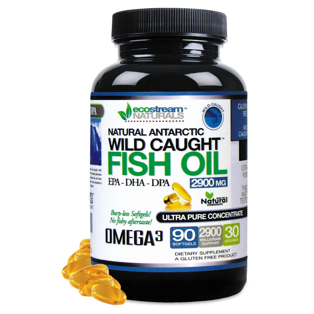 ecostream Naturals wild caught omega-3 bottle showing purity emphasis for daily wellness