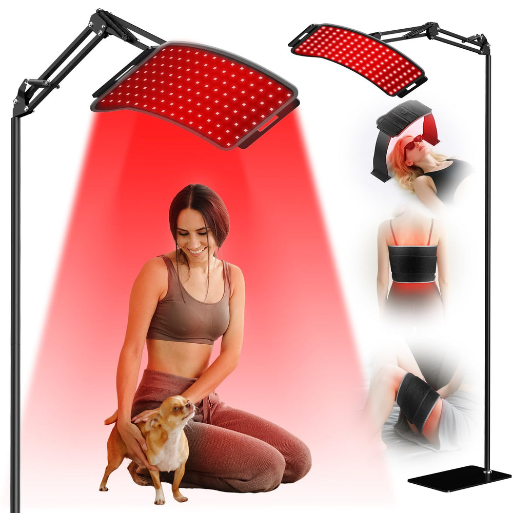 ECOVYRA red-light therapy for face and body on a sturdy stand for home use.