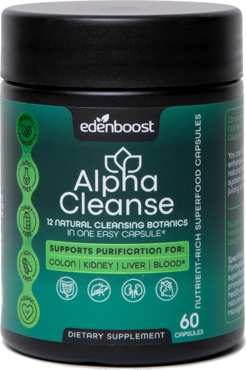 EdenBoost AlphaCleanse bottle front emphasizes clean detox support for daily vitality.