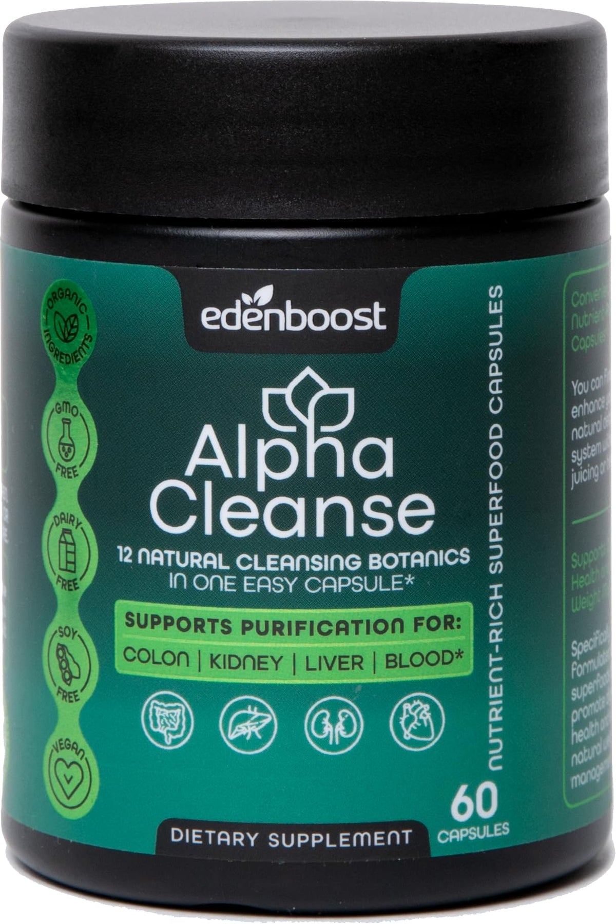 EdenBoost AlphaCleanse bottle front emphasizes clean detox support for daily vitality.