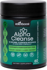 EdenBoost AlphaCleanse bottle front emphasizes clean detox support for daily vitality.