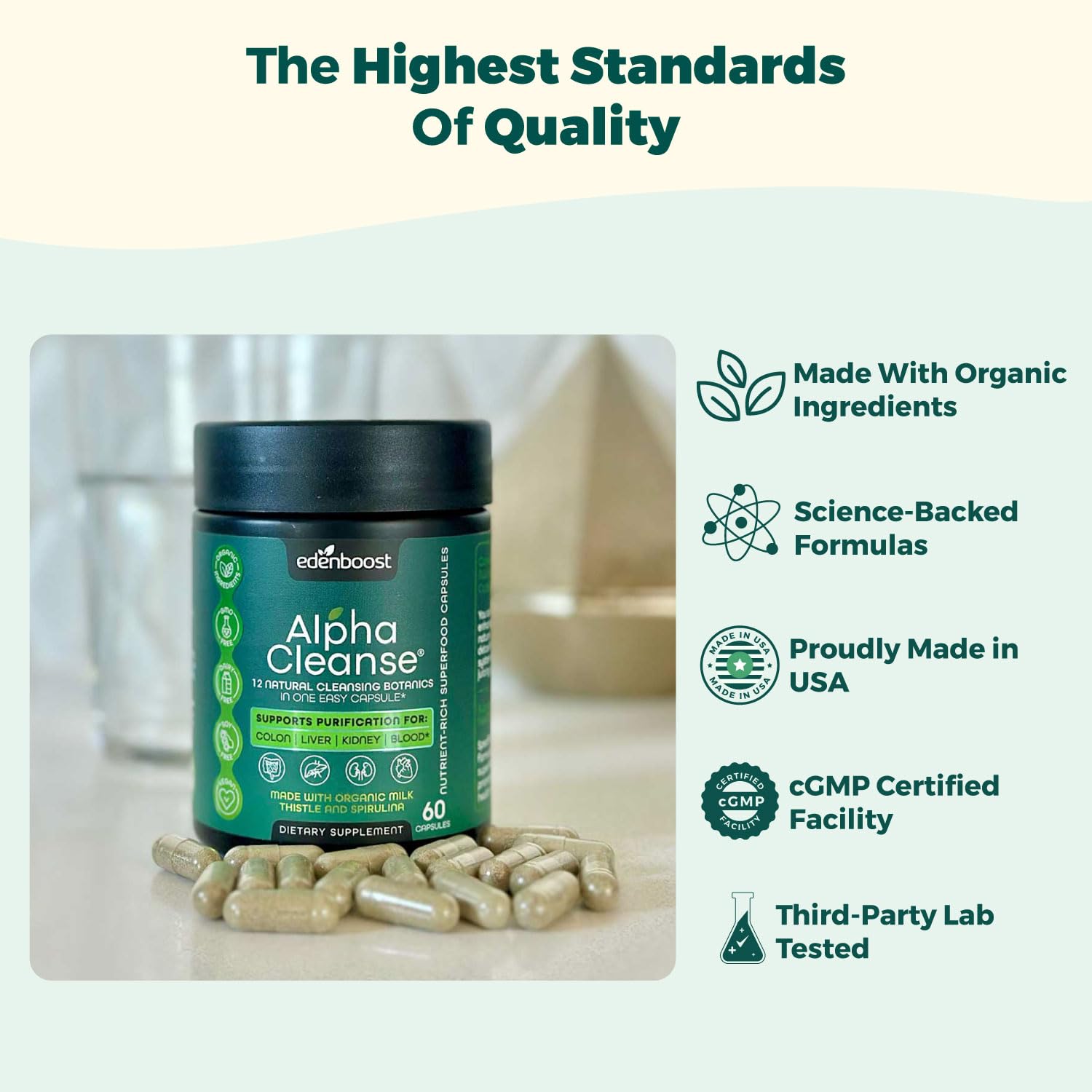 EdenBoost AlphaCleanse bottle-label closeup communicates trusted organic sourcing and product details.