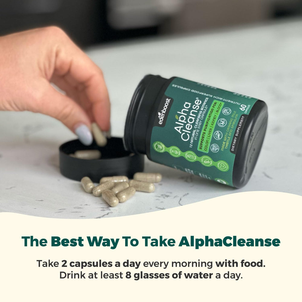 EdenBoost AlphaCleanse packaging environment photo conveys sustainable, premium detox support.