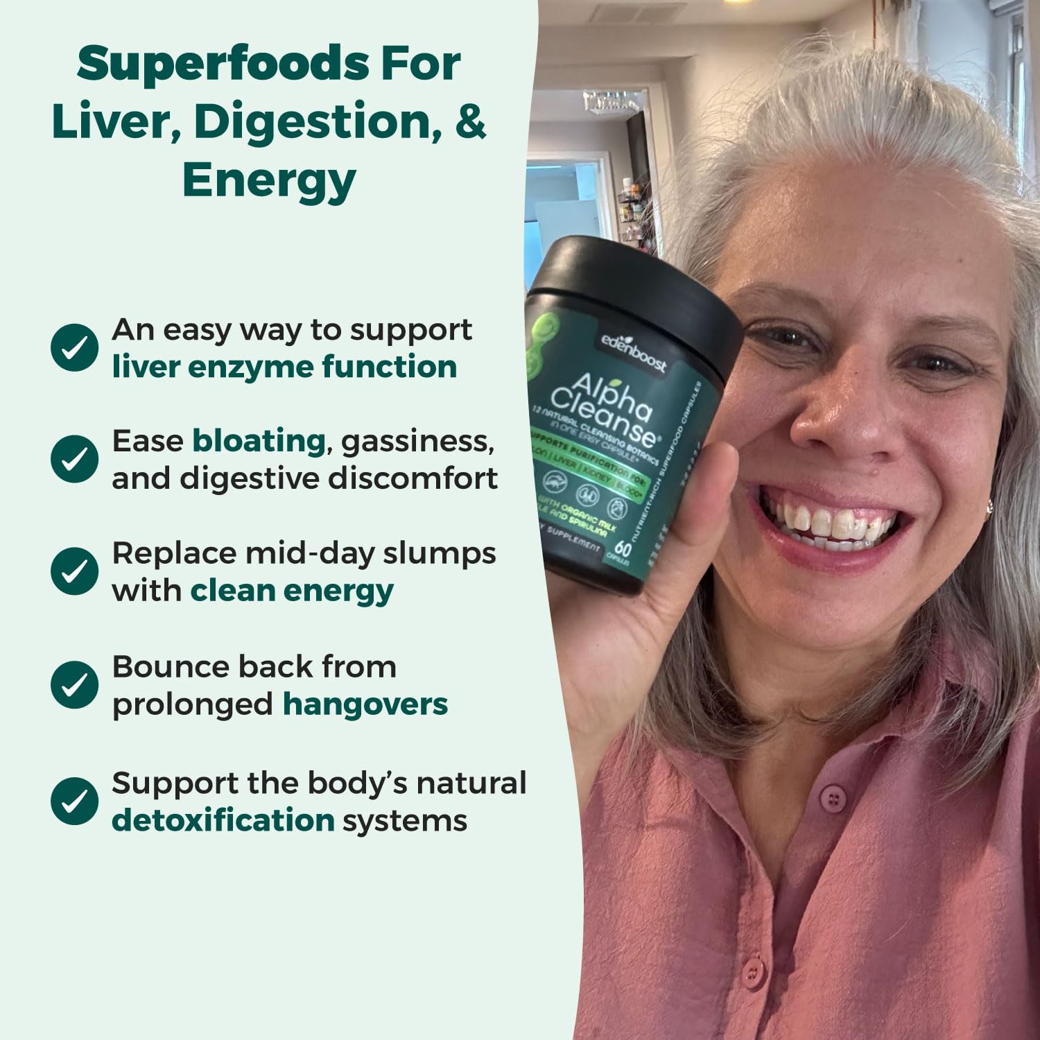 EdenBoost AlphaCleanse scoop-dosing shows easy two-capsule daily regimen.