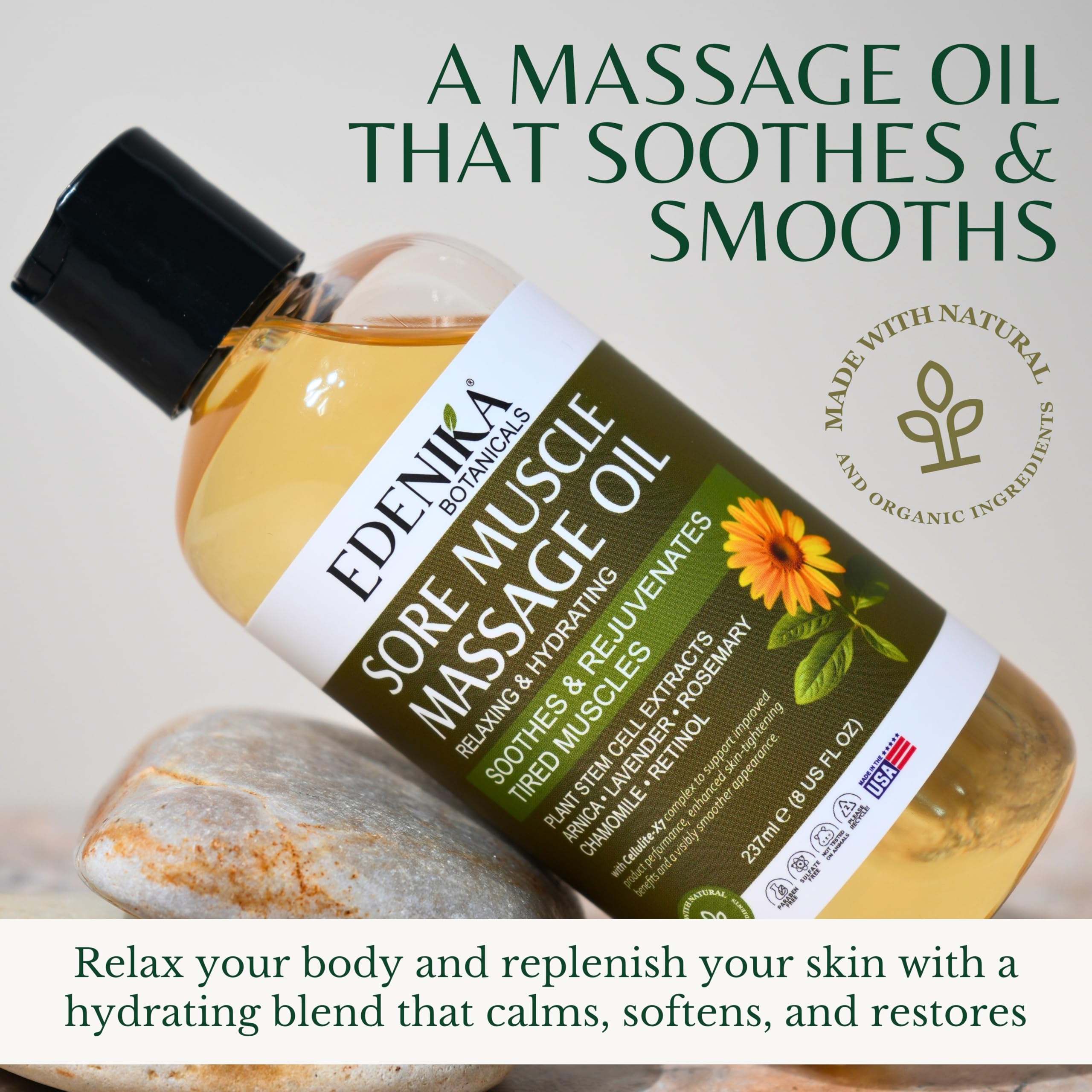 Edenika Botanicals deep tissue massage bottle emphasizes circulation support and comfortable muscle relief