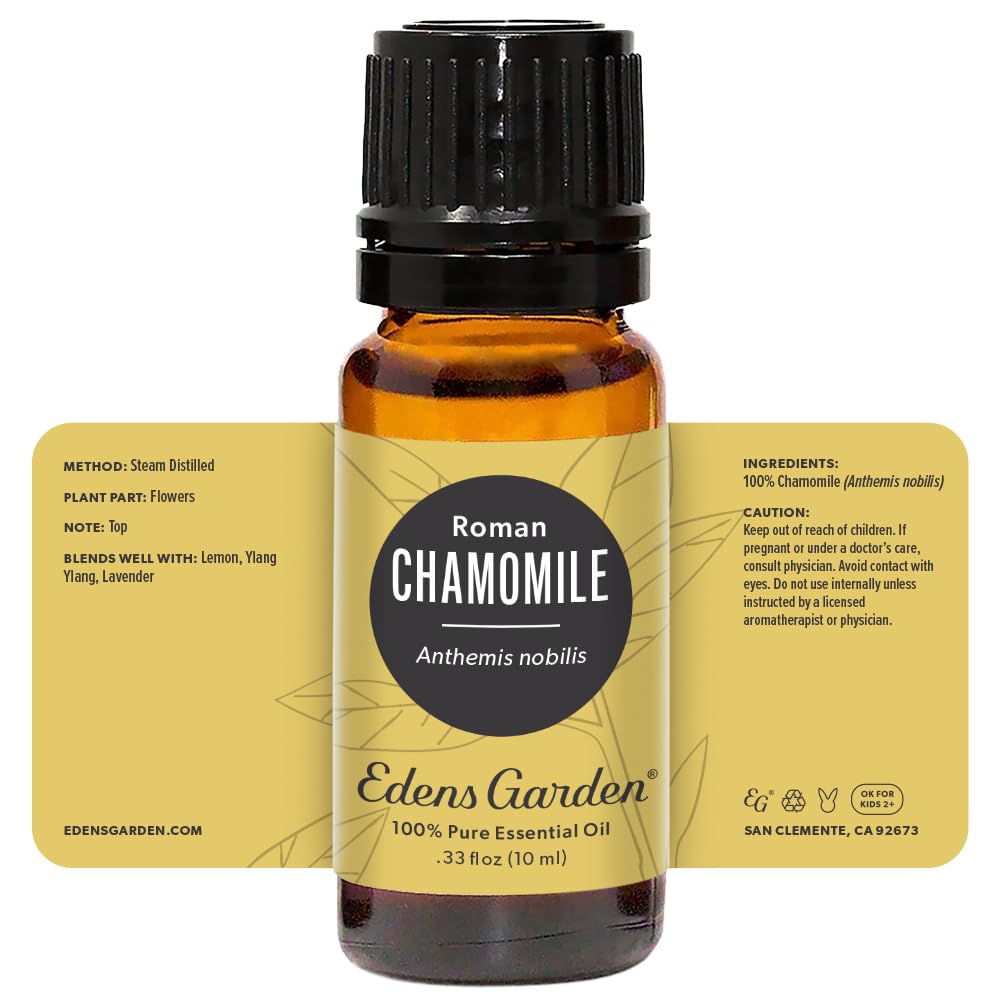 Edens Garden Chamomile Roman oil shown for kid-safe aromatherapy.