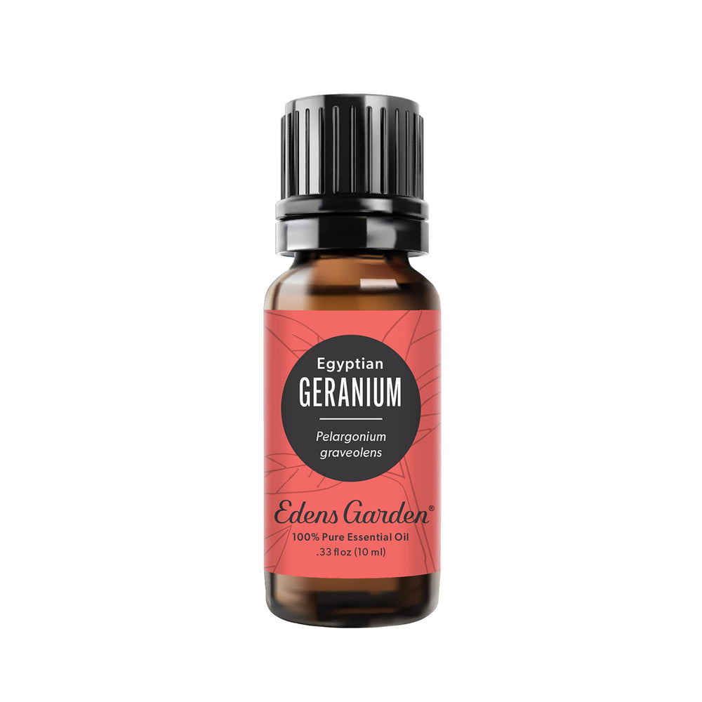 Edens Garden Geranium Egyptian essential oil bottle front for diffusion and skin care.