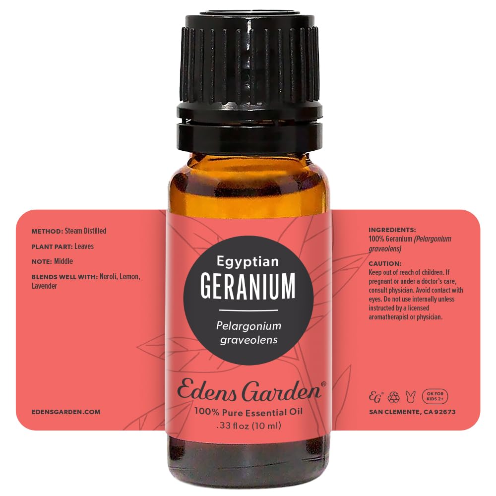 Edens Garden Geranium Egyptian essential oil packaging highlighting affordability and quality.