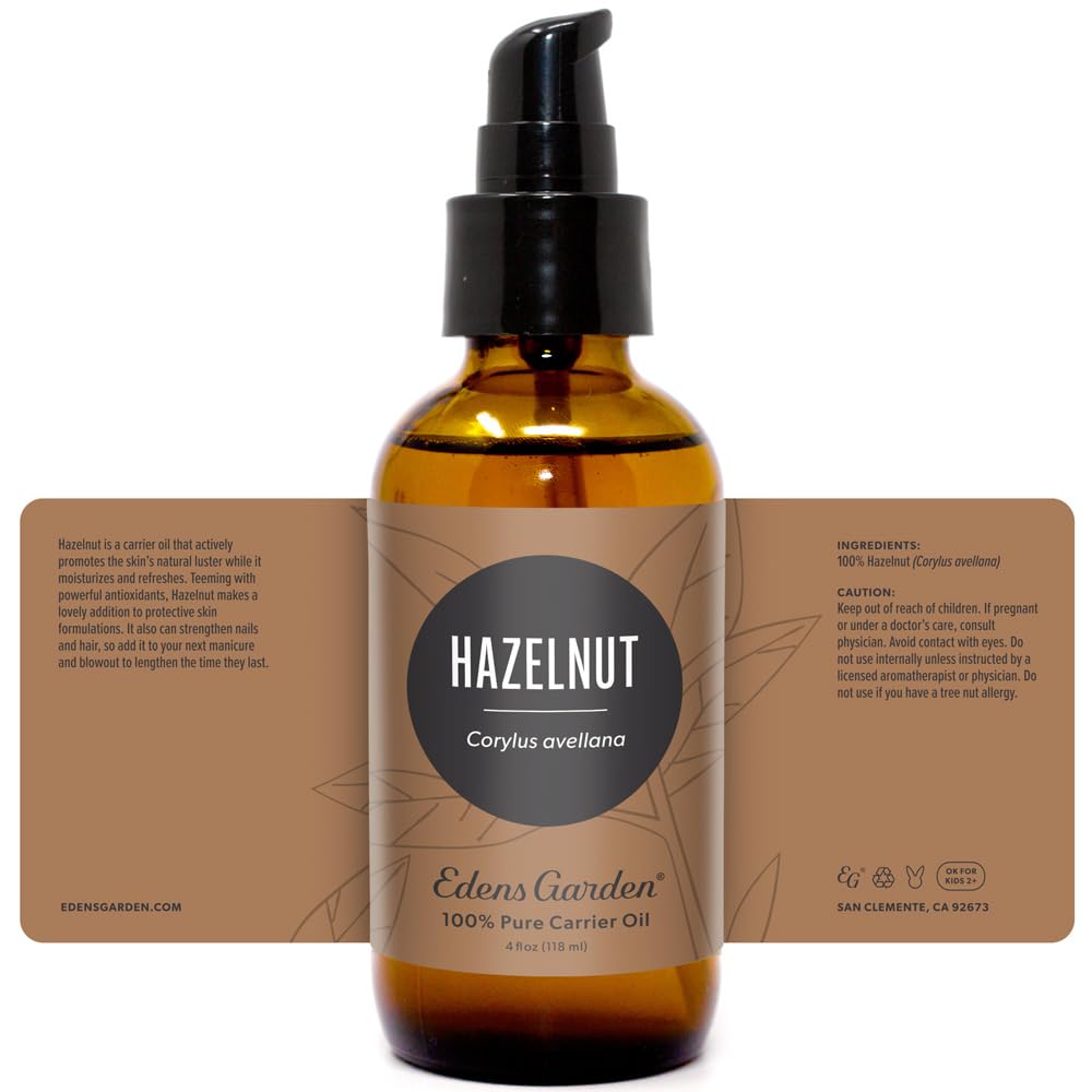 Edens Garden Hazelnut Carrier Oil bottle on shelf with packaging.