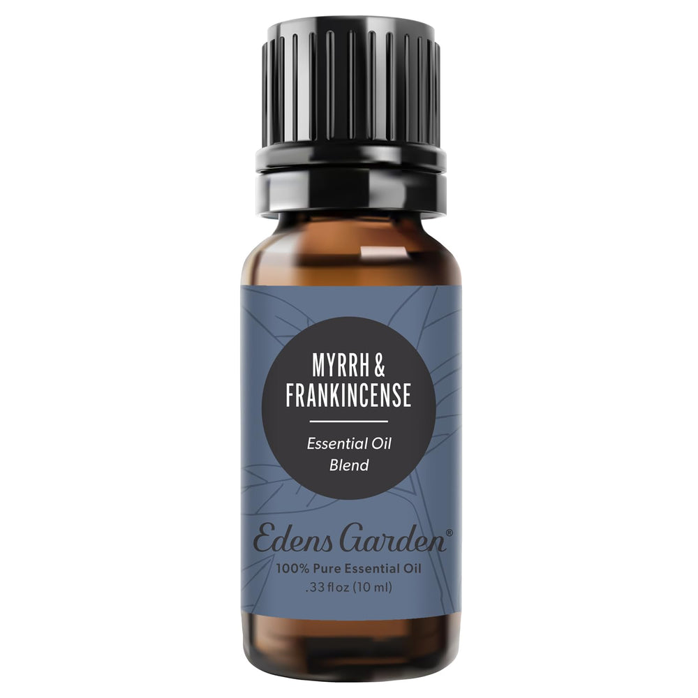 Edens Garden Myrrh & Frankincense essential oil bottle with calming aroma.