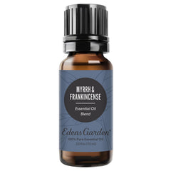 Edens Garden Myrrh & Frankincense essential oil bottle with calming aroma.