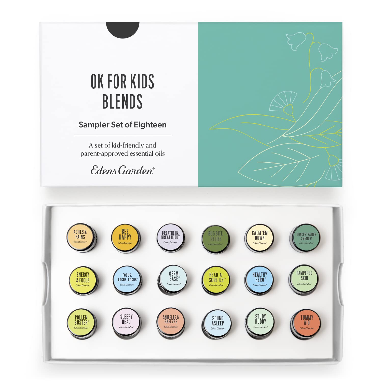 Edens Garden OK For Kids sampler bottle close-up showing 18 blends for gentle family use