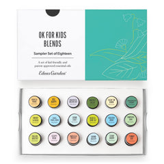 Edens Garden OK For Kids sampler bottle close-up showing 18 blends for gentle family use