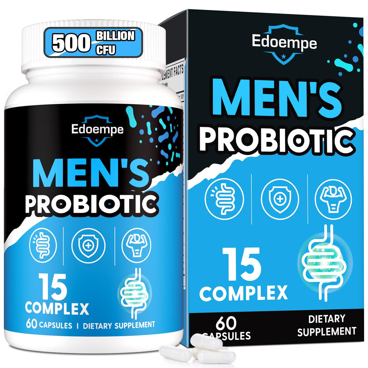Edoempe Probiotics for Men bottle front showing the cap and label for gut health support