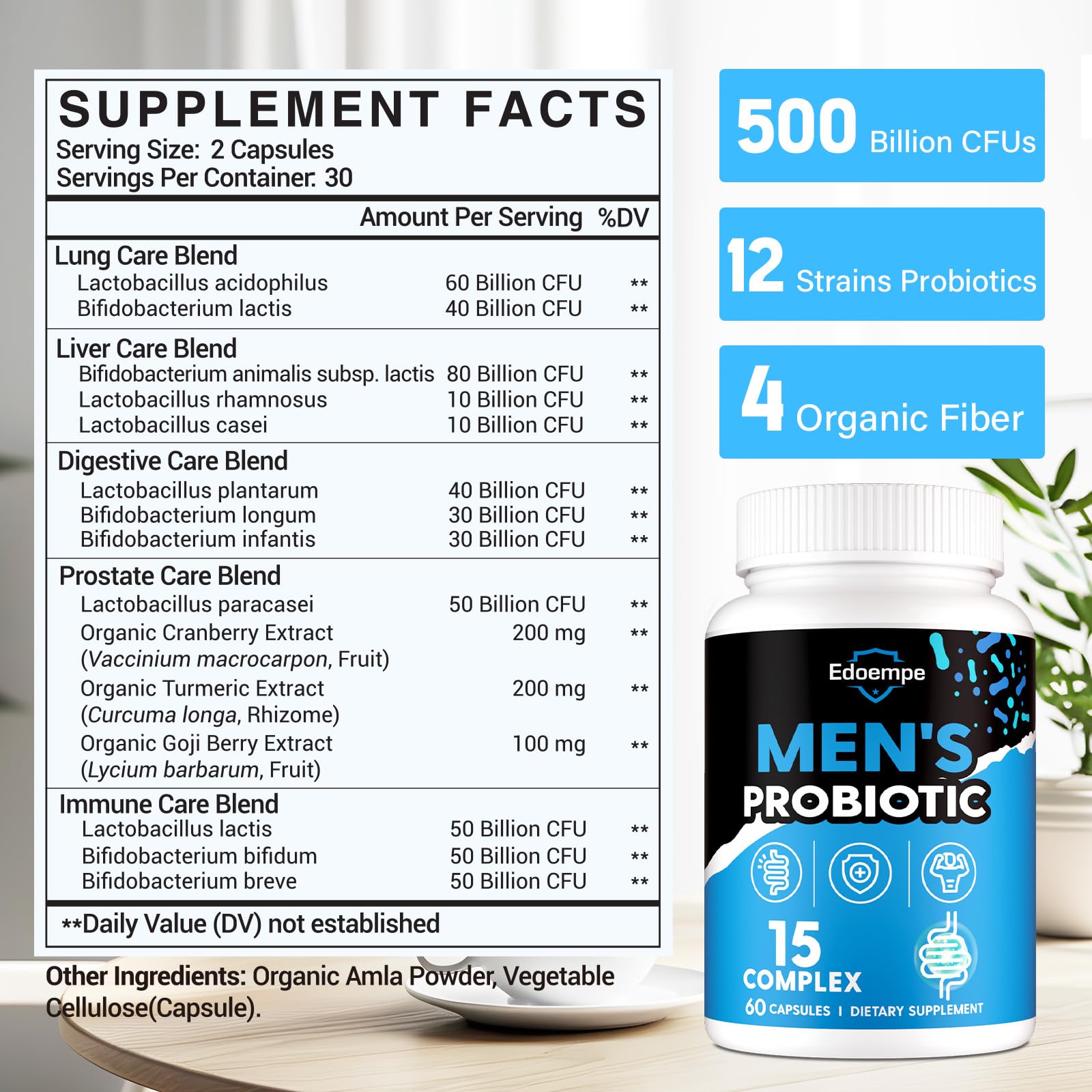 Edoempe Probiotics for Men bottle label with 12 strains emphasis