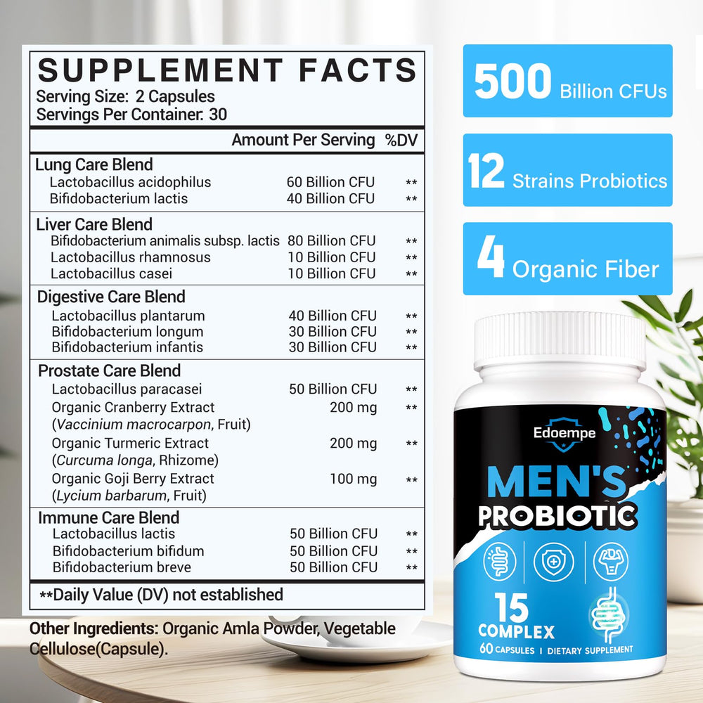 Edoempe Probiotics for Men bottle label with 12 strains emphasis