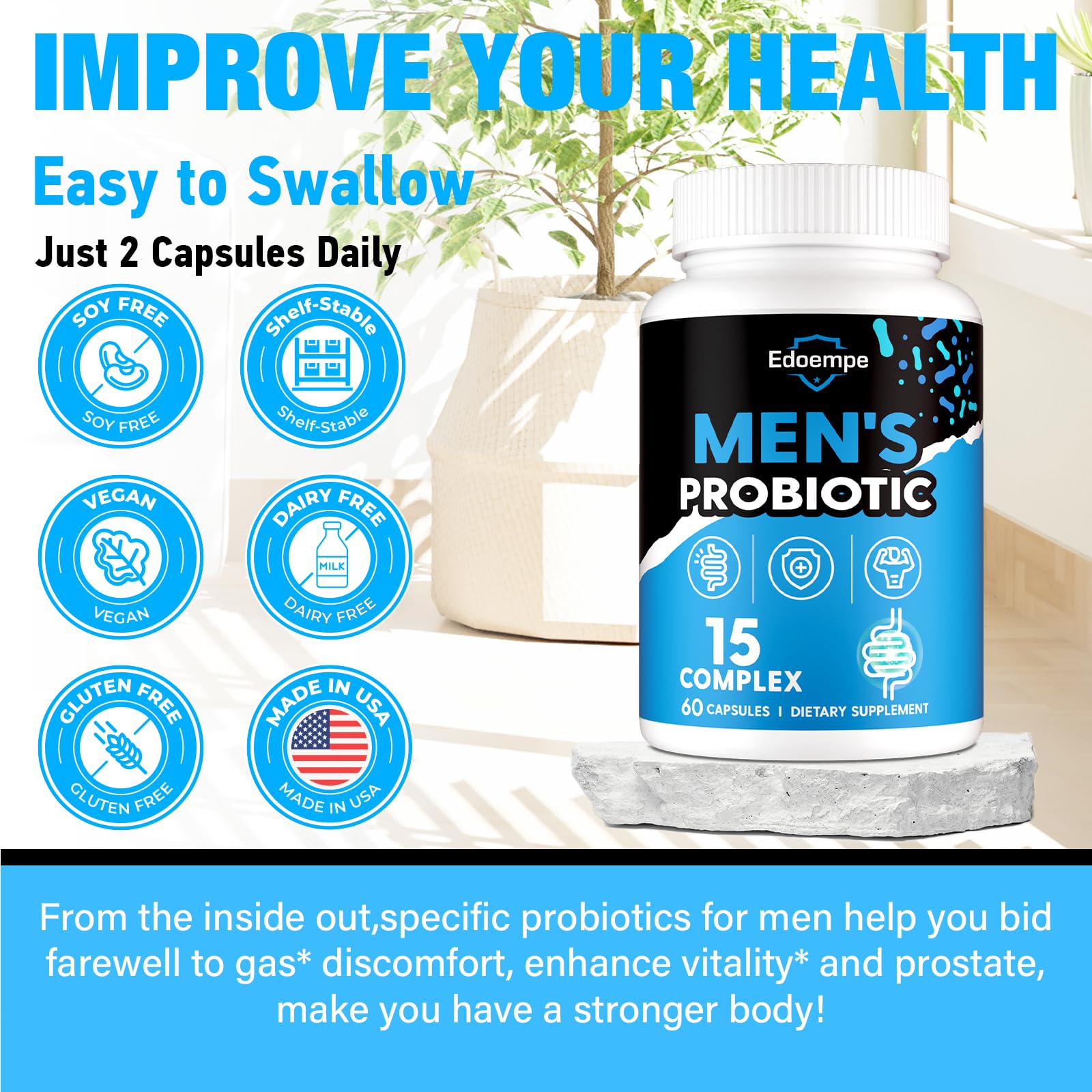 Active lifestyle scene featuring Edoempe Probiotics for Men