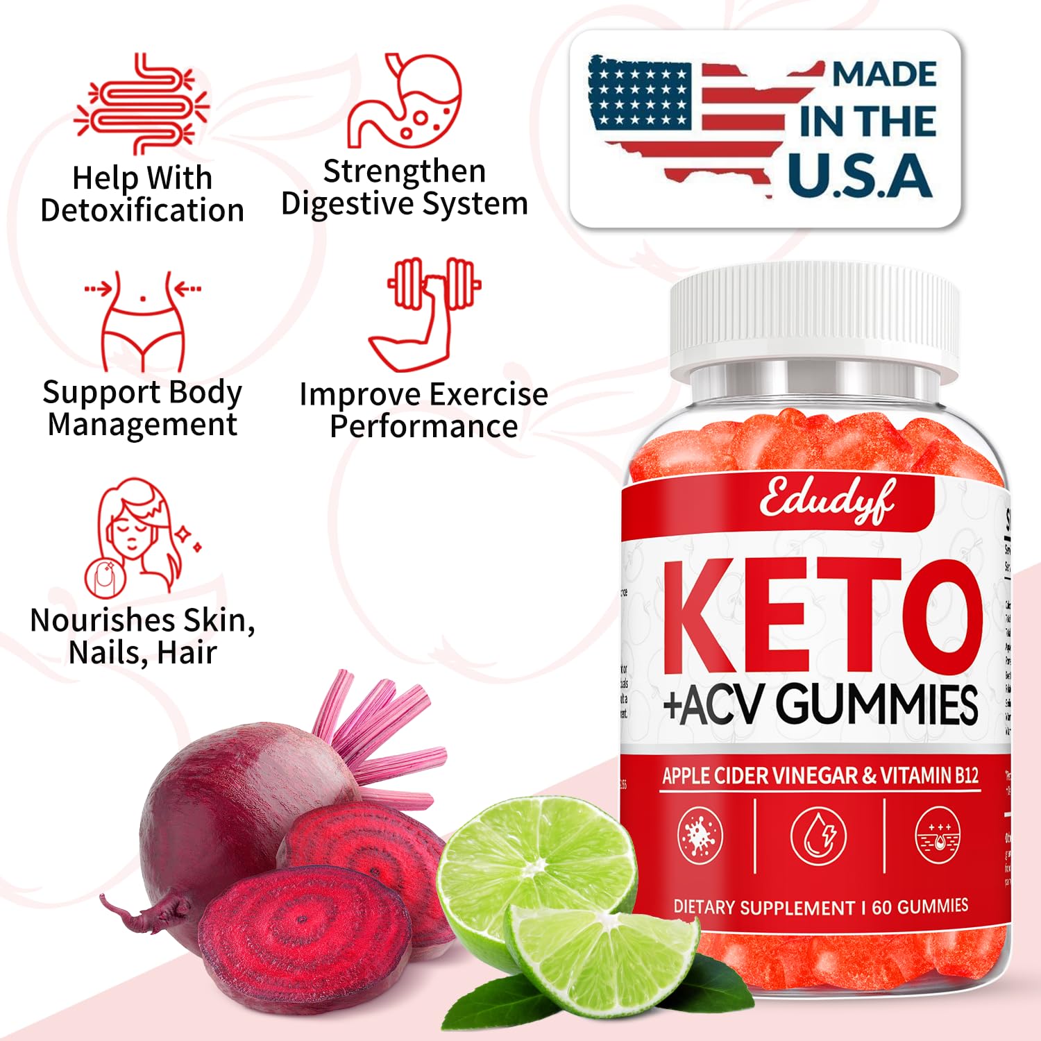 EDUDYF Keto ACV Gummies ingredients show gluten-free vegan formula.