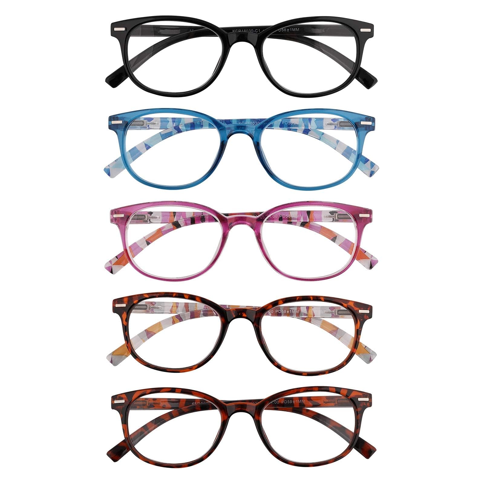 EFE reading glasses with spring hinges adapt to different face sizes.