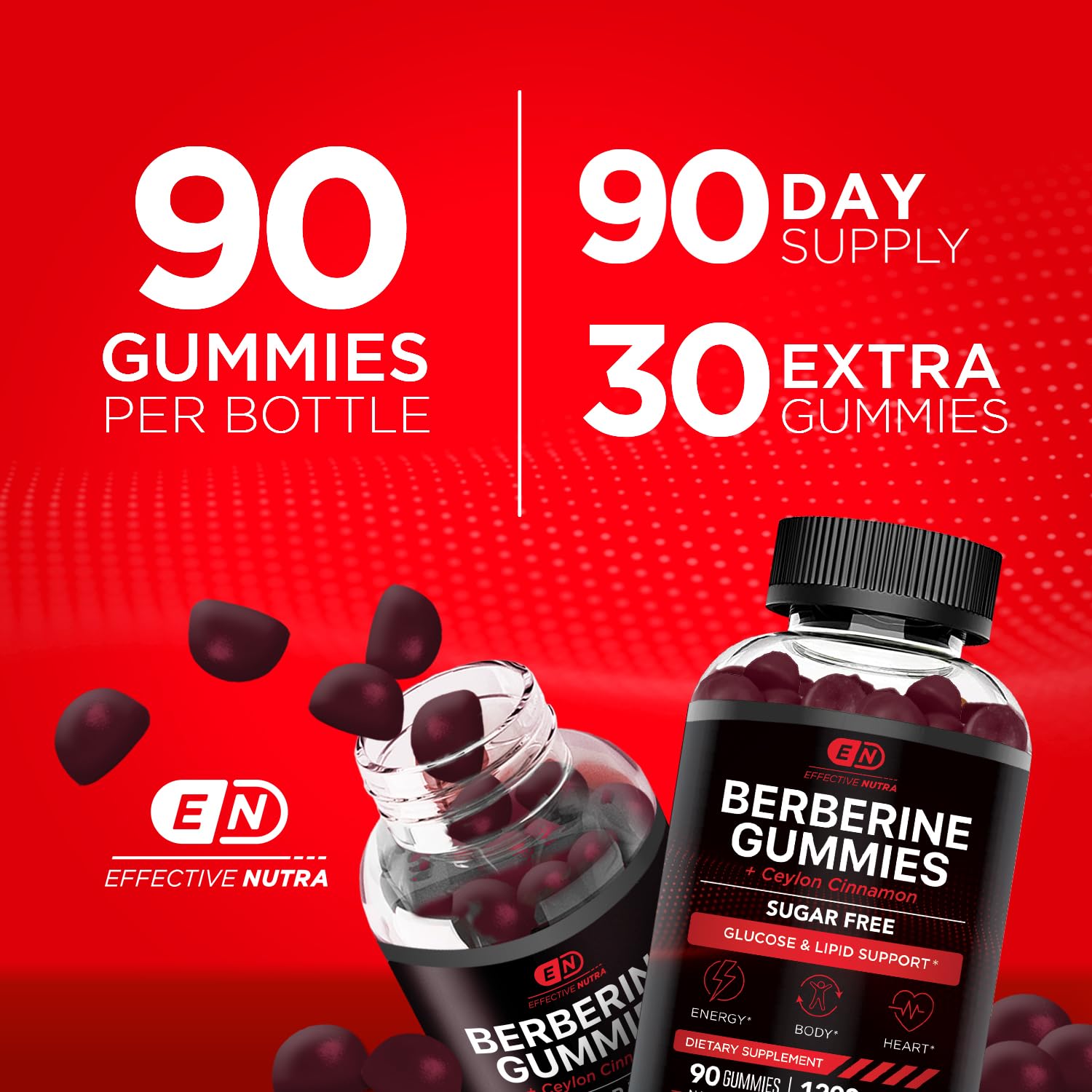 Effective Nutra Berberine Gummies label closeup emphasizes cinnamon-infused formula for metabolic support.