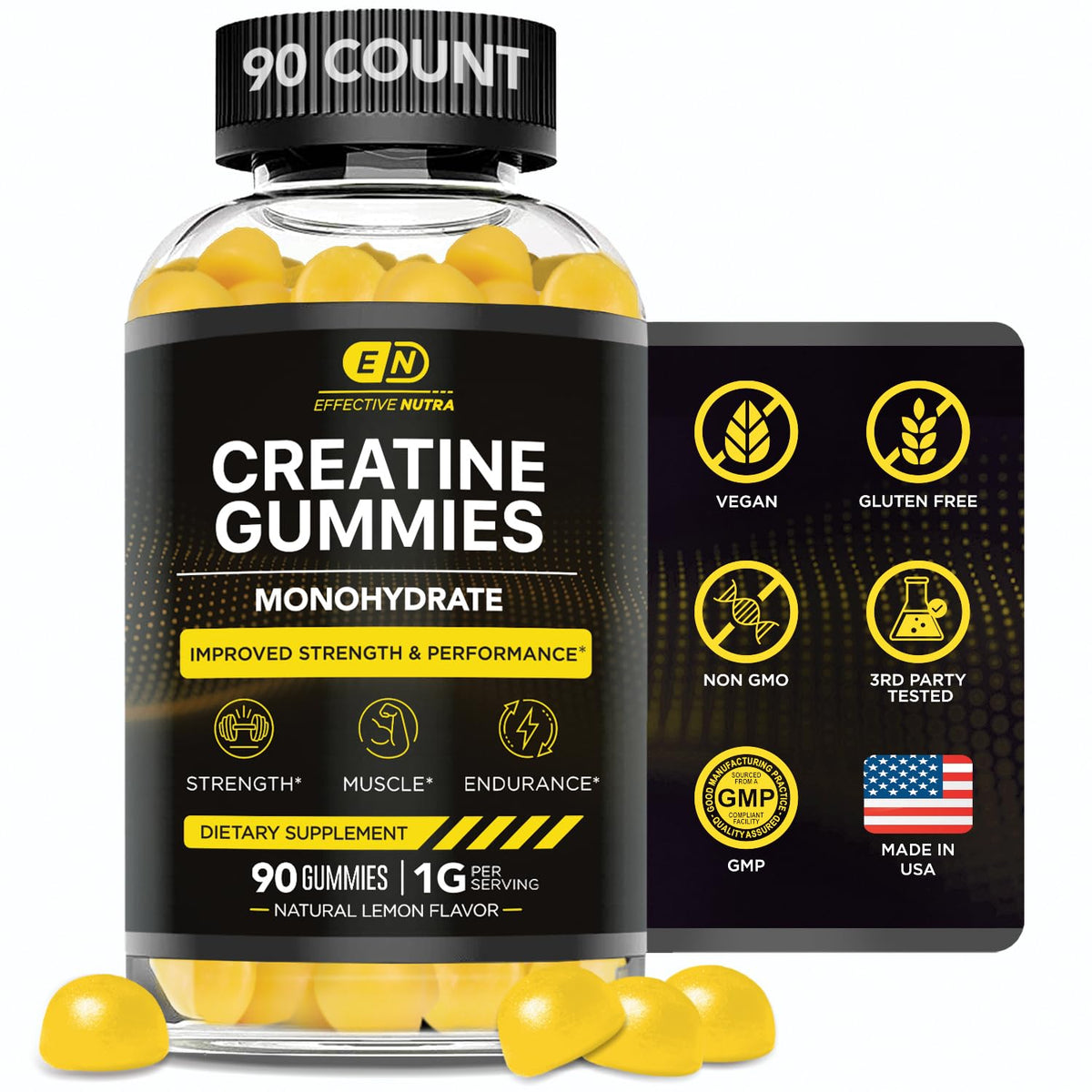 Effective Nutra Creatine Gummies bottle front with lemon flavor for energy support