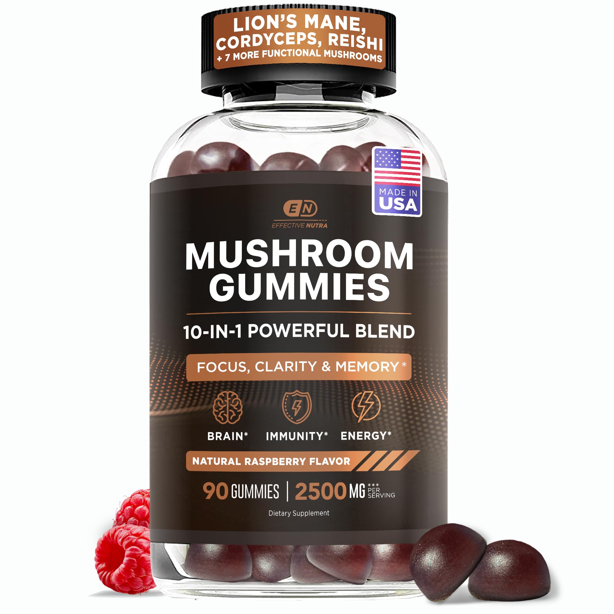Effective Nutra Mushroom Gummies raspberry bottle front for convenient daily brain support