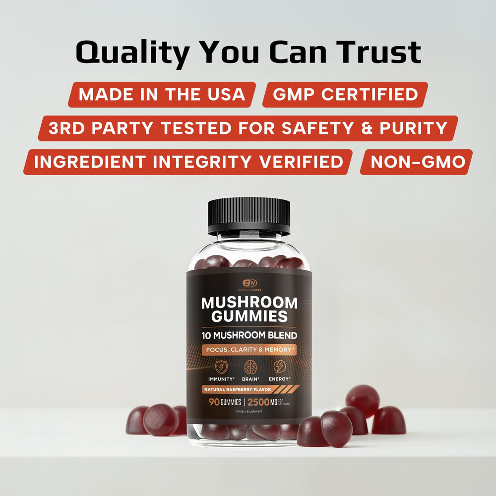 Effective Nutra Mushroom Gummies USA-made facility badge signaling quality