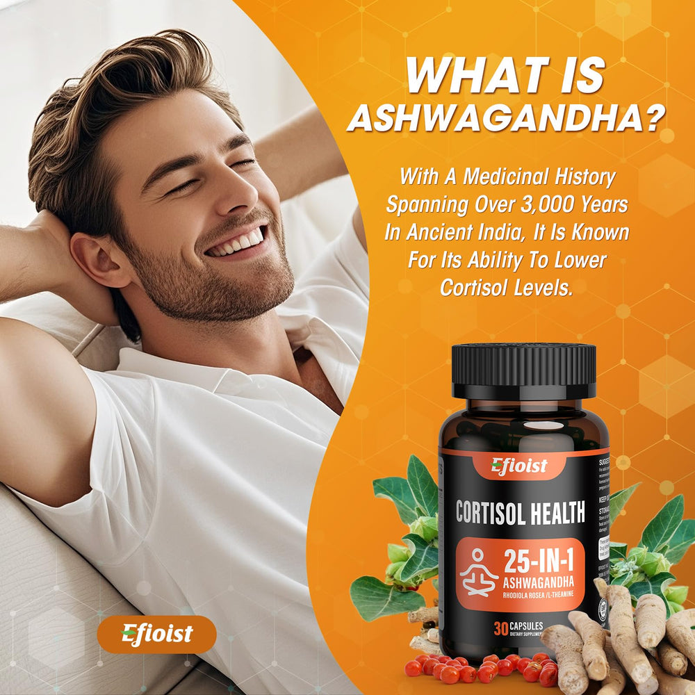 Efioist cortisol supplement label close-up highlighting key ingredients and dosage.