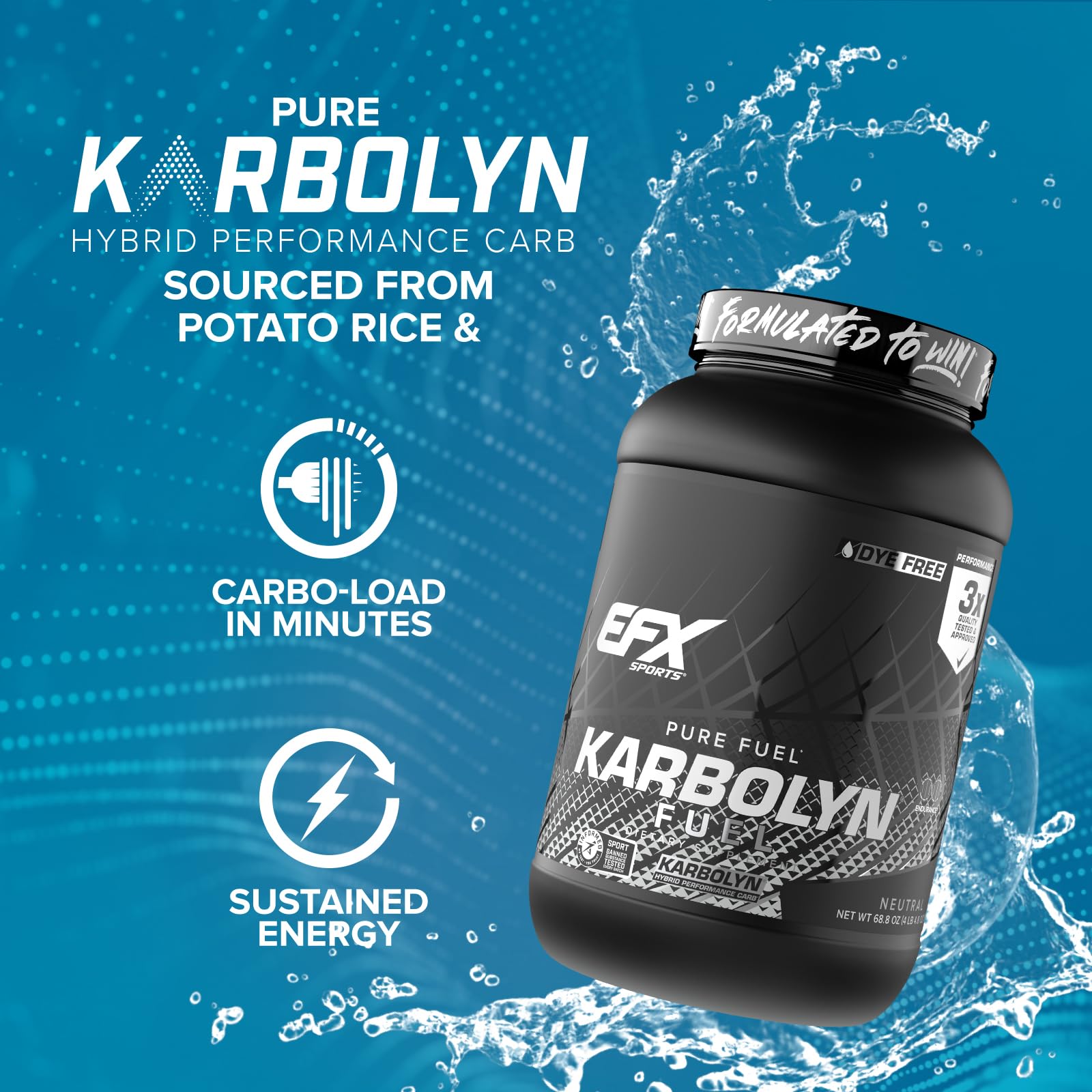 Close-up of EFX Karbolyn Fuel label highlighting sugar-free, stimulant-free formula.