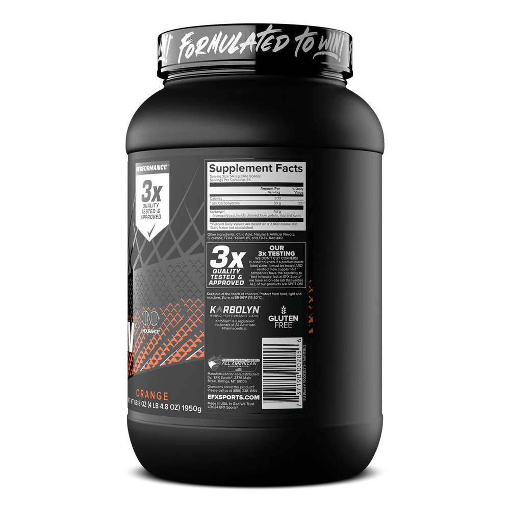 EFX Karbolyn Fuel orange bottle on shelf for athletic fueling options