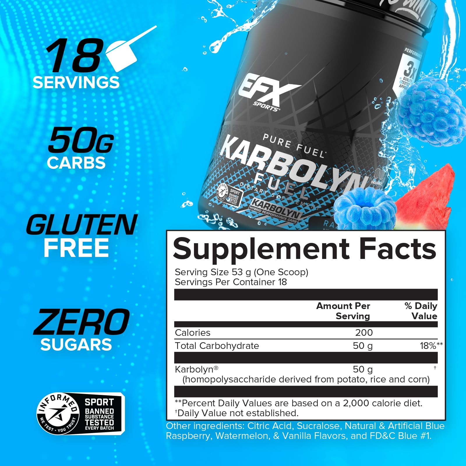 EFX Sports Karbolyn Fuel Blue Razz Watermelon label showing flavor.