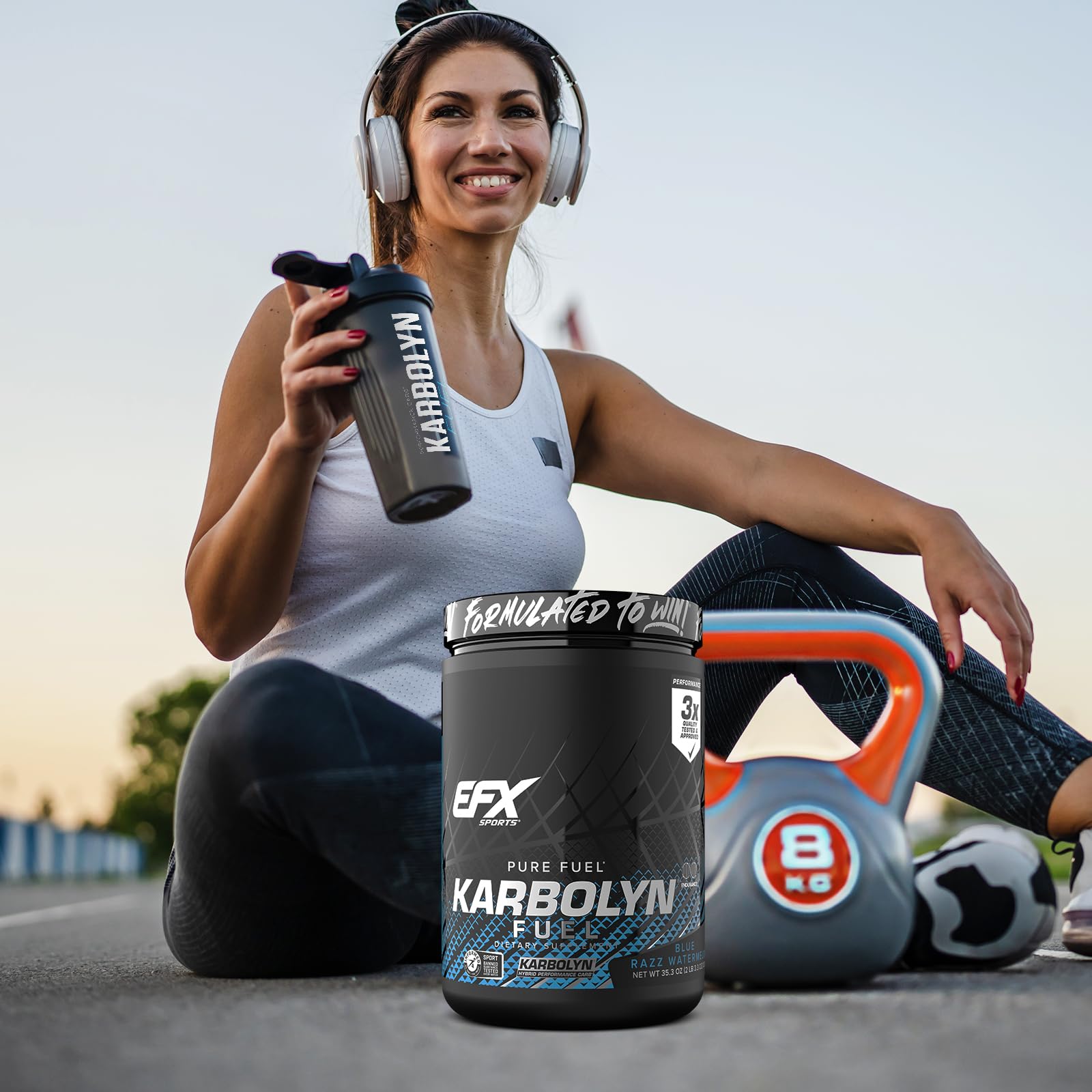 EFX Sports Karbolyn Fuel powder on gym bench suggesting quick recovery.