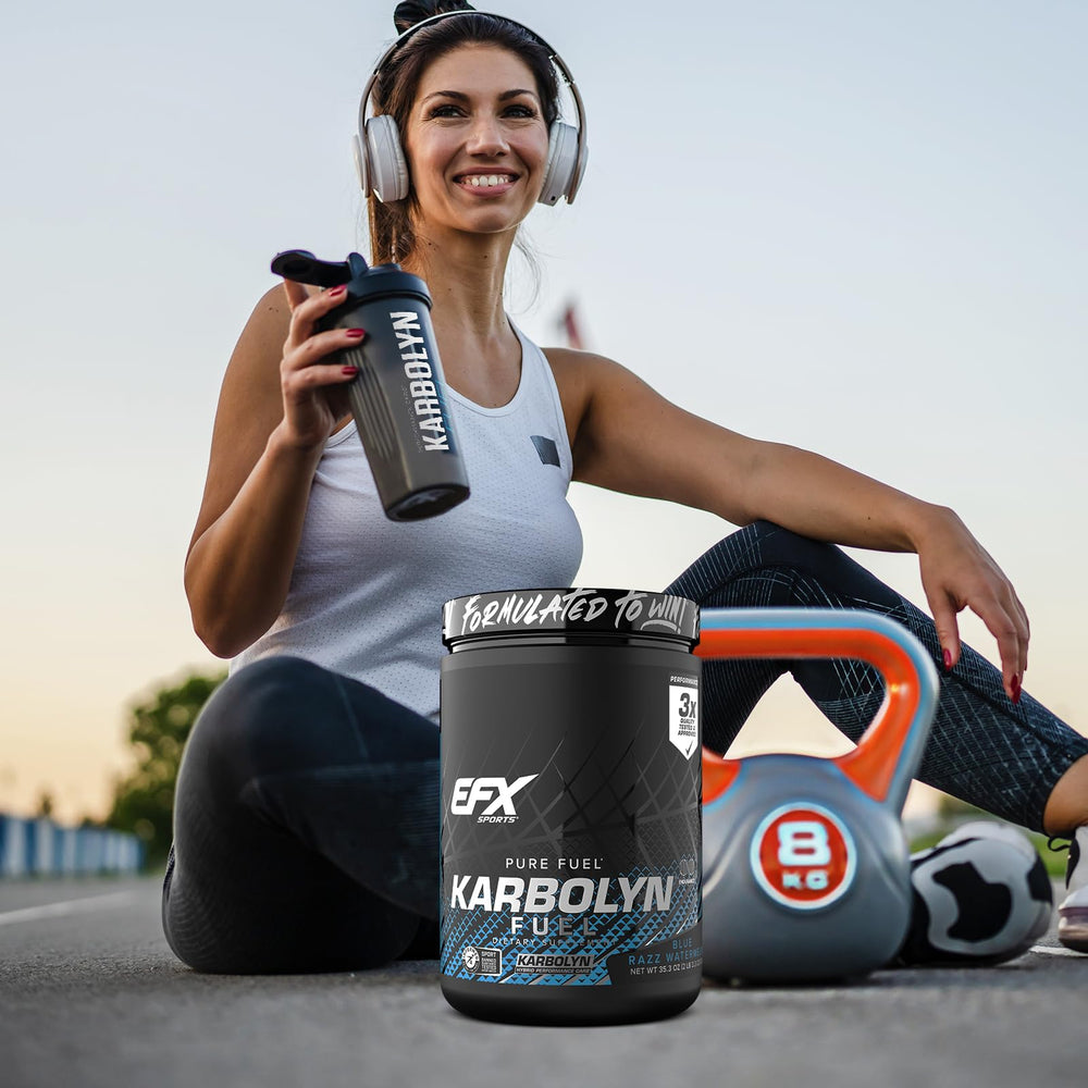EFX Sports Karbolyn Fuel powder on gym bench suggesting quick recovery.