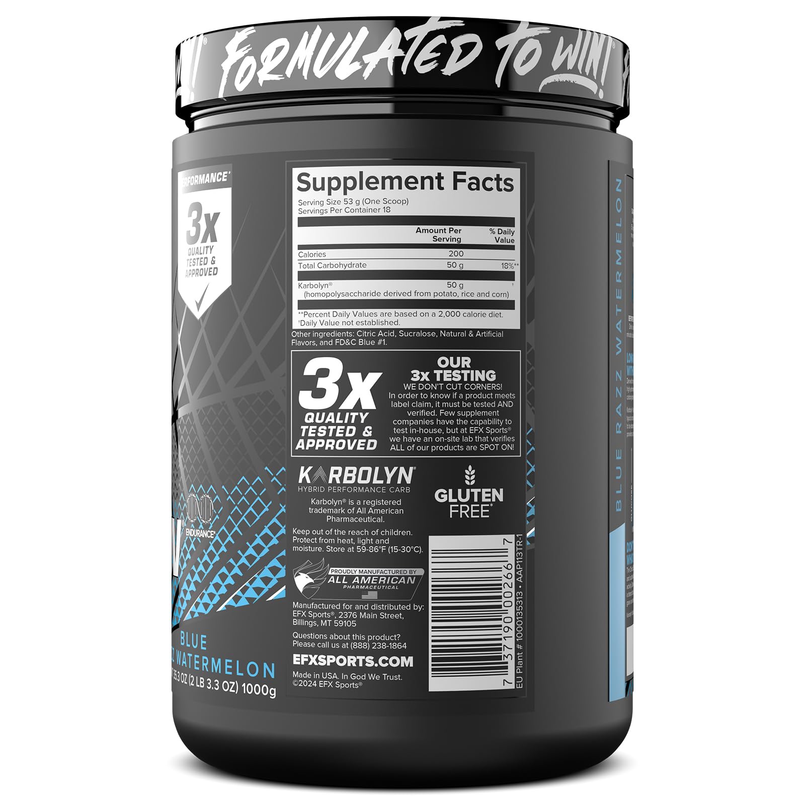 EFX Sports Karbolyn Fuel ready-to-mix powder in shaker.
