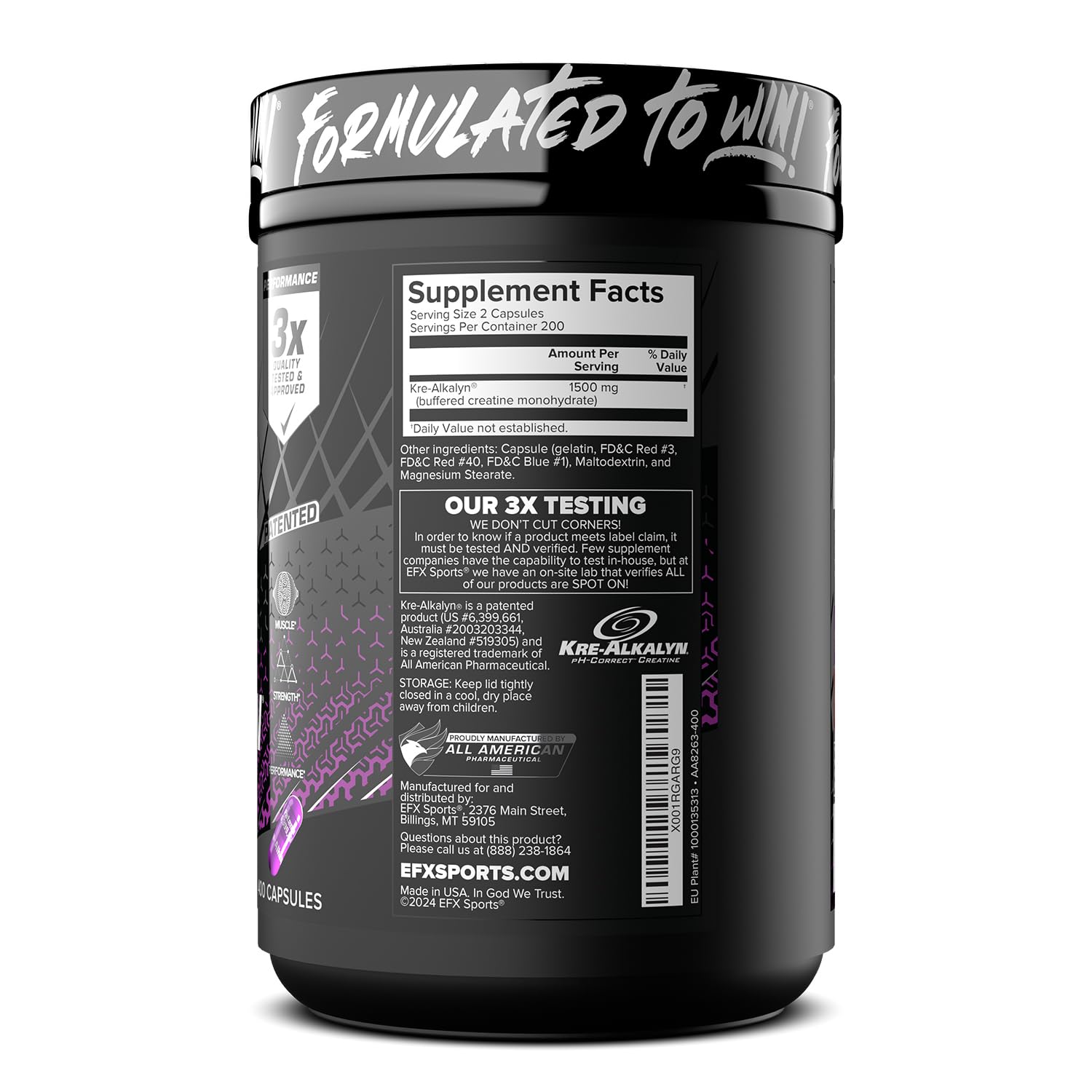 Back label close-up highlights product name and key features of Kre-Alkalyn EFX.