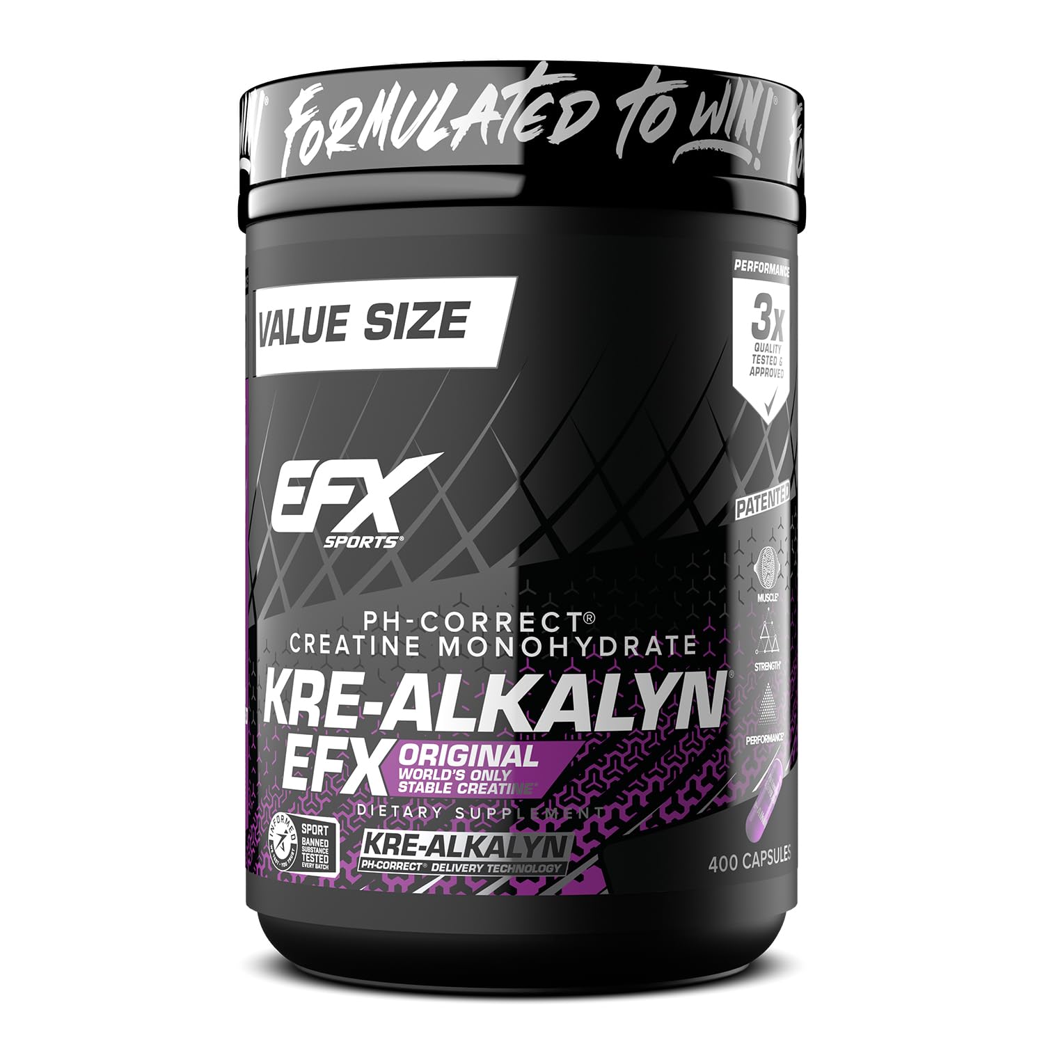 EFX Sports Kre-Alkalyn EFX bottle and capsules for stable, pH-correct creatine delivery.