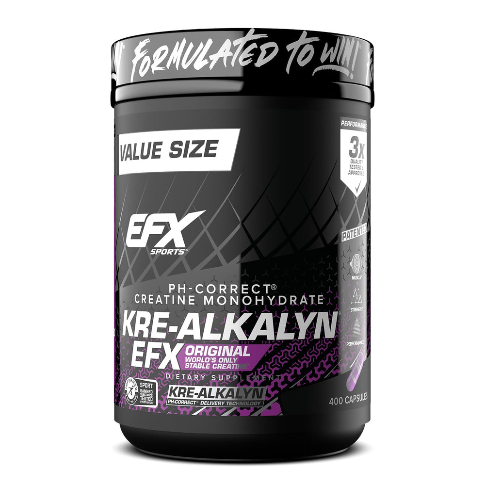EFX Sports Kre-Alkalyn EFX bottle and capsules for stable, pH-correct creatine delivery.