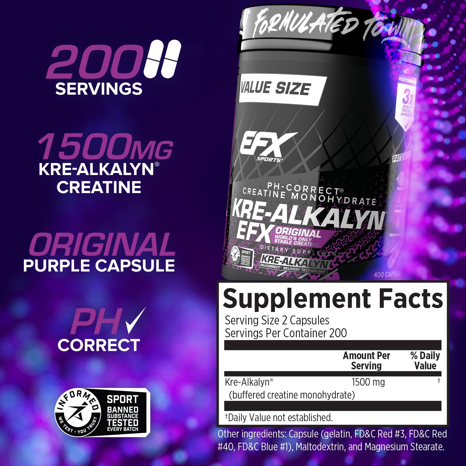 Kre-Alkalyn EFX capsules close-up highlighting easy dosing and no loading.