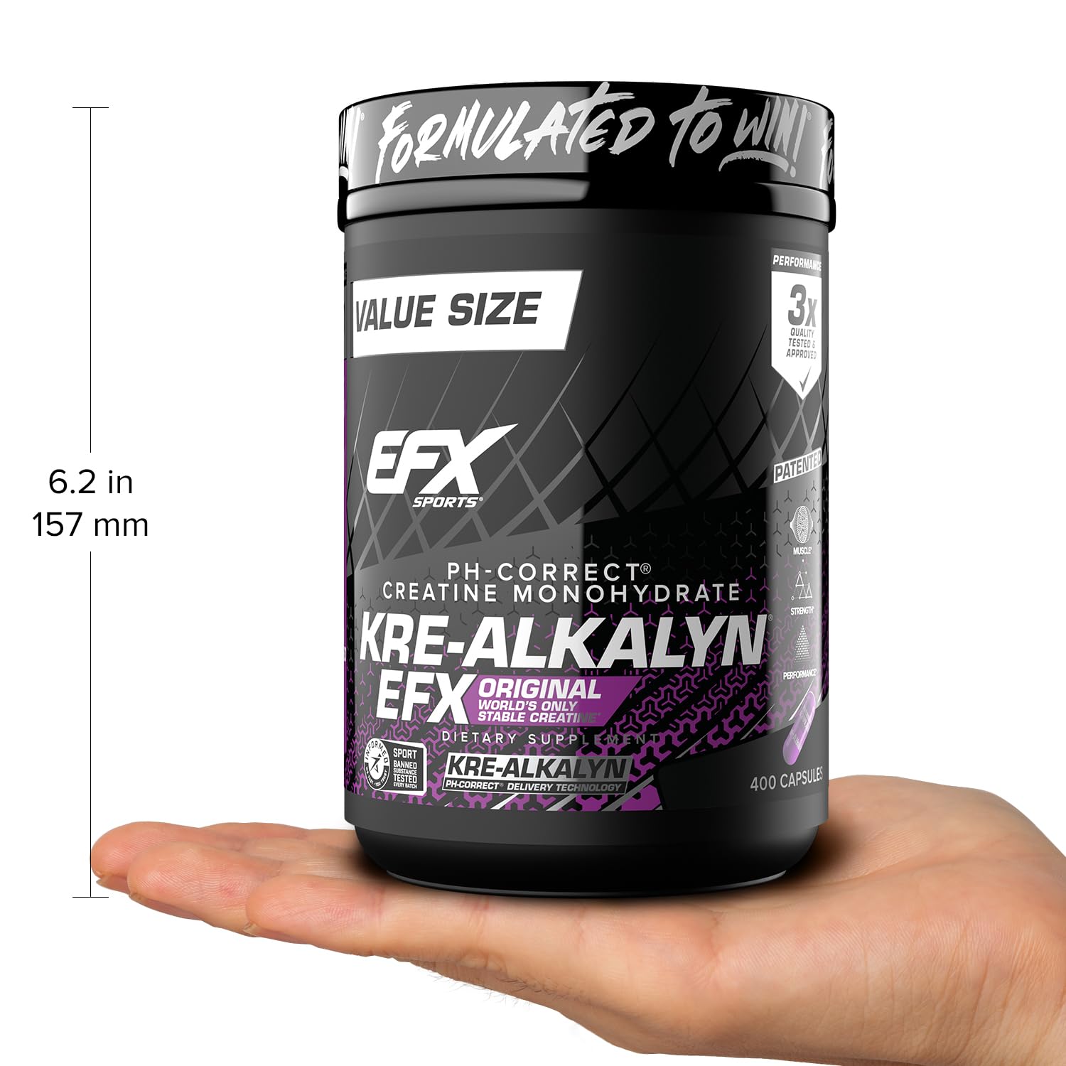 Hero shot of Kre-Alkalyn EFX conveys premium creatine for athletes.